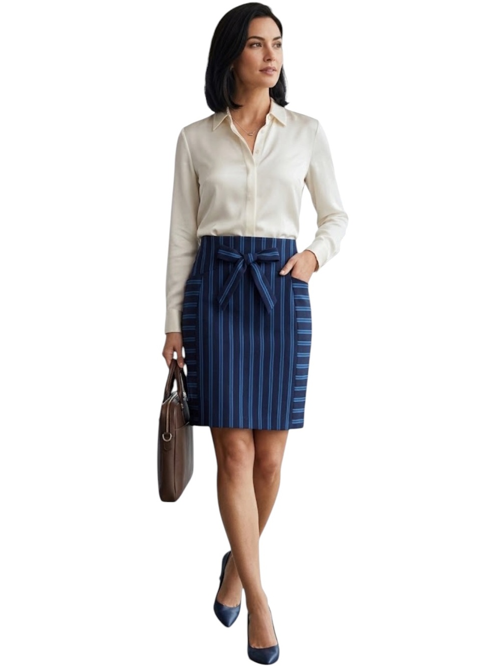 Striped Pencil Skirt Navy Blue Tie Waist Pockets Karen Millen Size 10